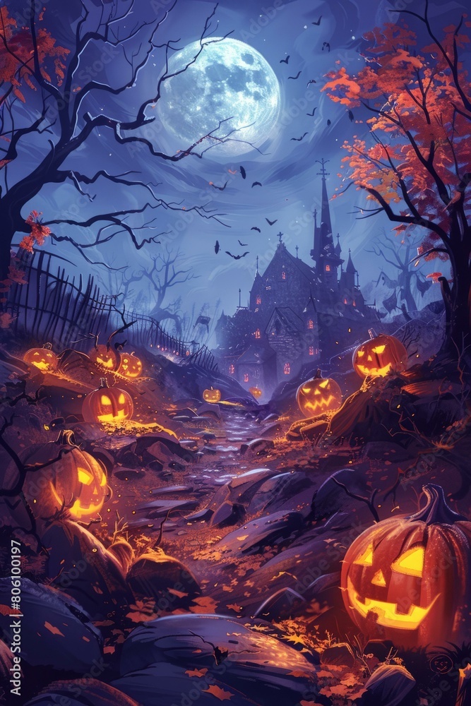 Spooky Halloween Night With Haunted House And Scary Pumpkins Spooky Halloween Night With Haunted House And Scary Pumpkins