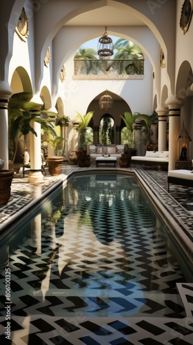 Black and white Moroccan style courtyard with swimming pool