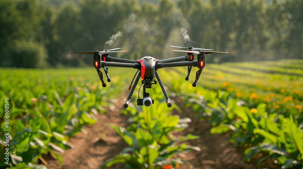 Agriculture technology, drone flying over a field Agriculture technology, drone flying over a field