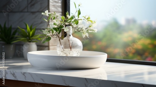 A beautiful flower vase sits on a marble table near a window. © Adobe Contributor