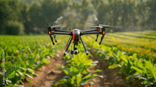 Agriculture technology, drone flying over a field