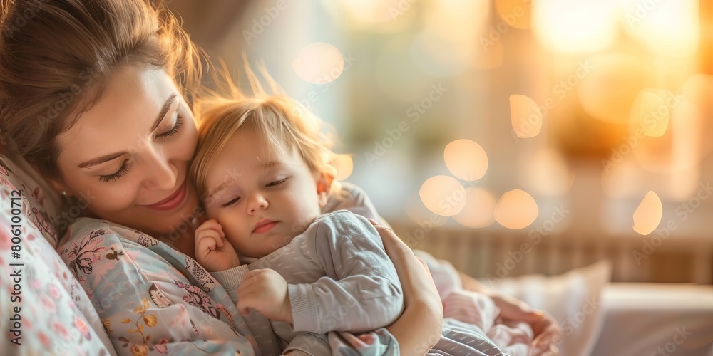 Obraz premium tender moment as a mother cradles her newborn baby in a hospital room with soft lighting in the background