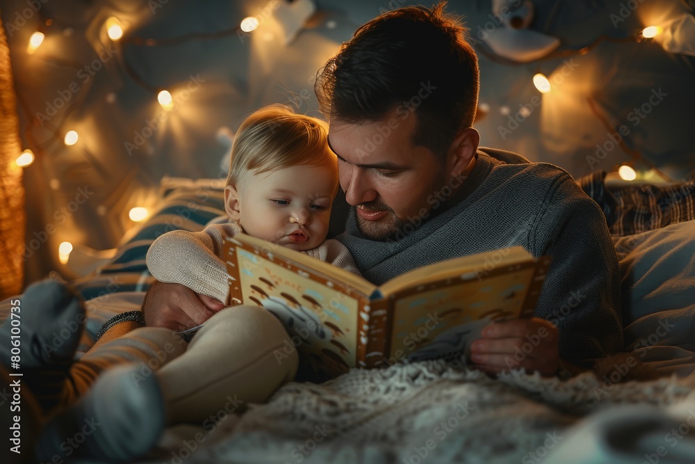 A father reading a bedtime story to his child, with a cozy and loving atmosphere A father reading a bedtime story to his child, with a cozy and loving atmosphere