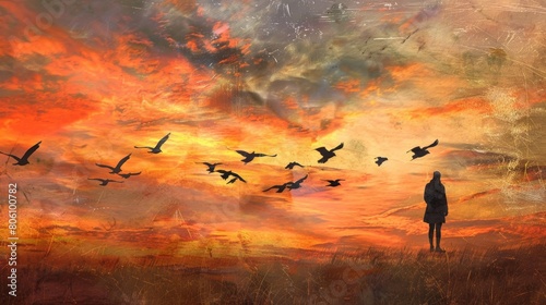 The gentle release of birds into the wild, set against a canvas of fiery sunset colors, as a person stands in prayerful reflection, contemplating freedom and hope.