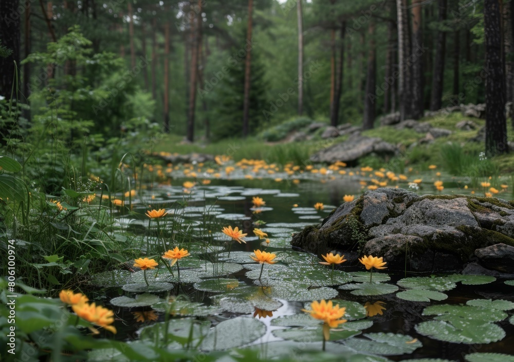 Mystical pond in the middle of a dense forest with yellow water lilies Mystical pond in the middle of a dense forest with yellow water lilies