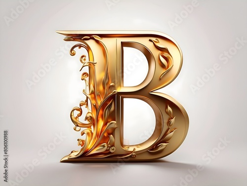 The letter B in gold color, with flames of fire, made of gold, in three dimensions, smooth and clean white background.