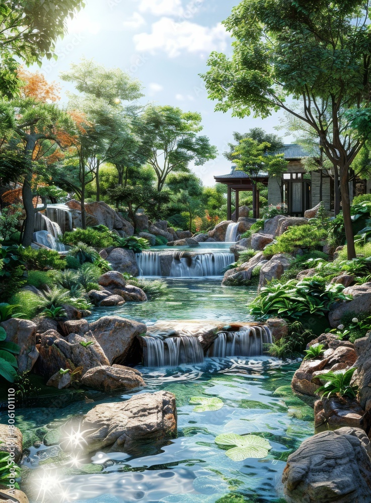 Naklejka premium Waterfall in a Rocky Landscape