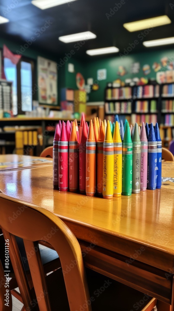 An assortment of 26 crayons arranged in a rainbow pattern on a wooden table in a library