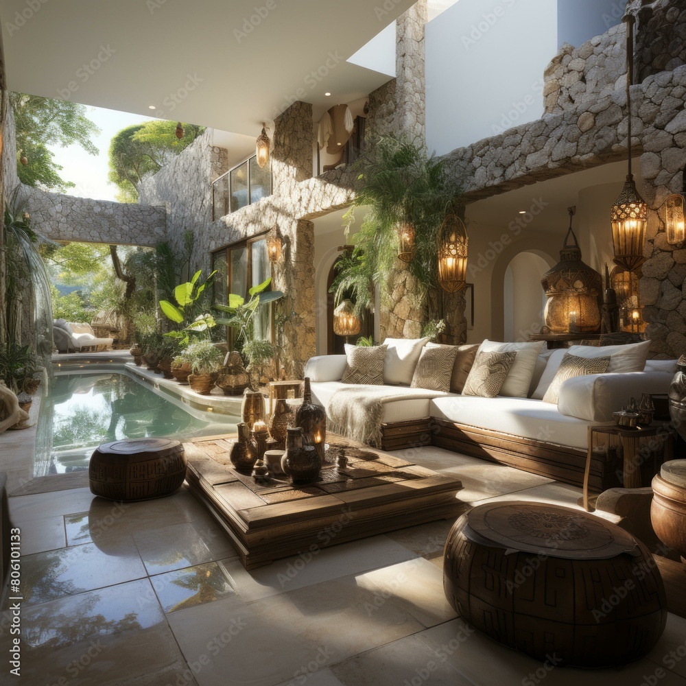 Fototapeta premium Tropical luxury villa with pool and outdoor living area