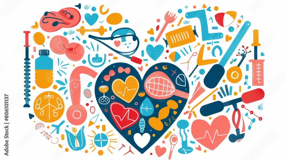 Naklejka premium Fitness and health poster featuring a heart with different sports equipment integrated into the design, motivational and bright