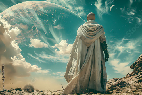 futuristic monk in a white cloak or robe observes an alien planet in the desert, science fiction movie or book cover