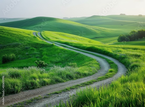 Scenic view of a rural road through green hills