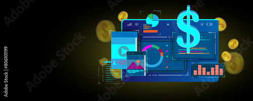 Laptop technology background image, financial investment data graph concept