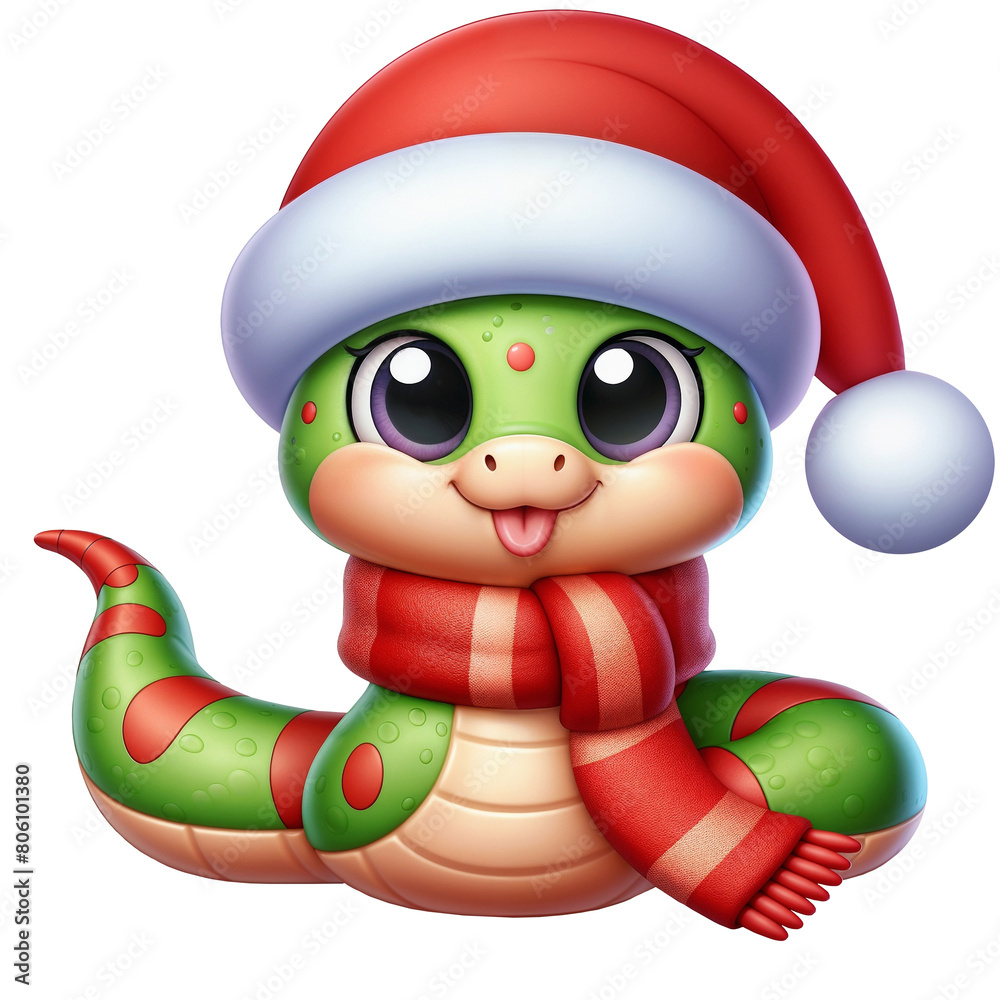 Cute snake in a santa hat isolated on transparent background. AI Cute snake in a santa hat isolated on transparent background. AI