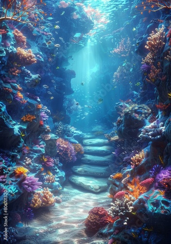 Underwater coral reef garden with a stone path leading into the distance