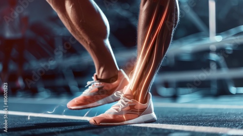Dynamic sports poster depicting an athletes leg with visible tendons working  motivational for training facilities and sports therapists