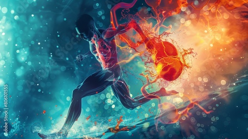Dynamic sports health poster illustrating the role of kidneys in electrolyte balance and endurance, motivational for athletes and trainers photo