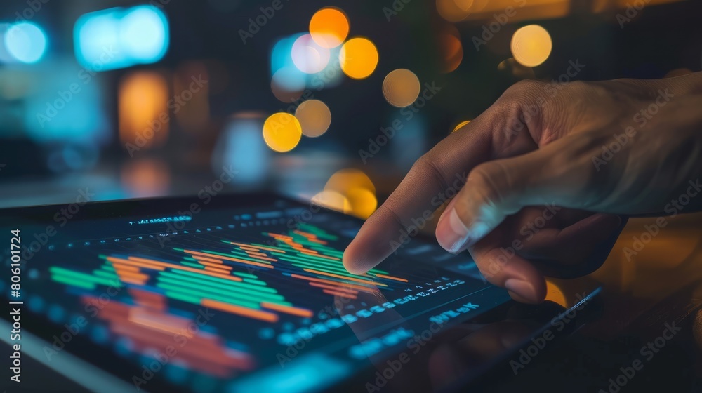 Person pointing at financial charts on a digital tablet screen, concept of data analysis. hyper realistic Person pointing at financial charts on a digital tablet screen, concept of data analysis. hyper realistic