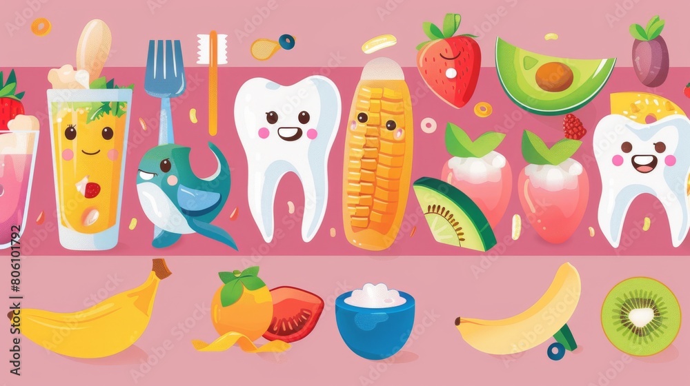 Dynamic poster depicting the impact of different foods on teeth health, with colorful visuals, ideal for schools or pediatric dental clinics