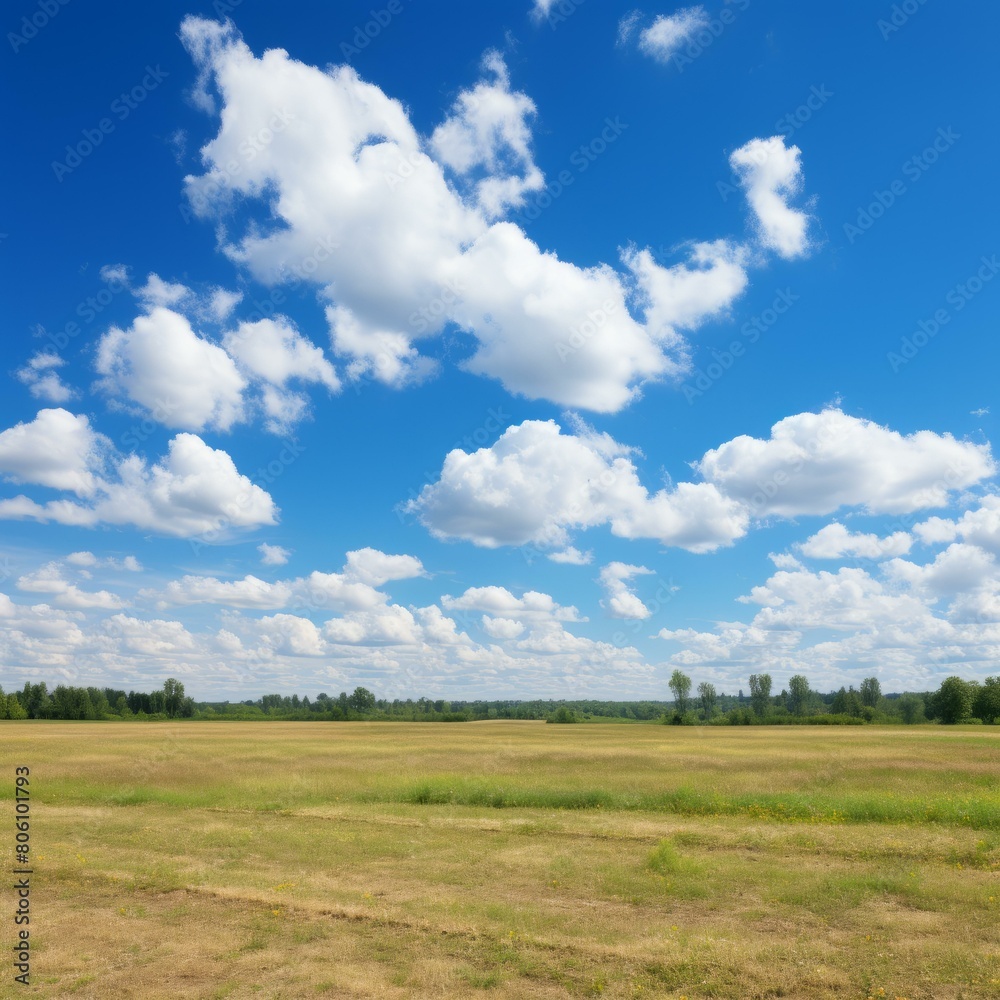 Green field and blue sky with white clouds