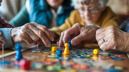 Photo of a family playing a board game, with a close-up on the elderly hands moving a game piece, illustrating the joy of shared activities hyper realistic  photo