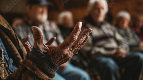 Photo of a seniors hands gesturing vividly as they recount an old tale, with a close-up on the hands and the captivated audience in the background, illustrating engagement and narrative  © Johannes