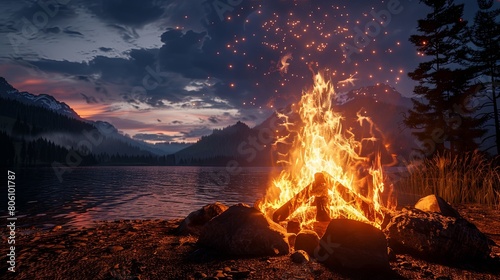 Enigmatic Night Campfire with Sparks Illuminating Darkness