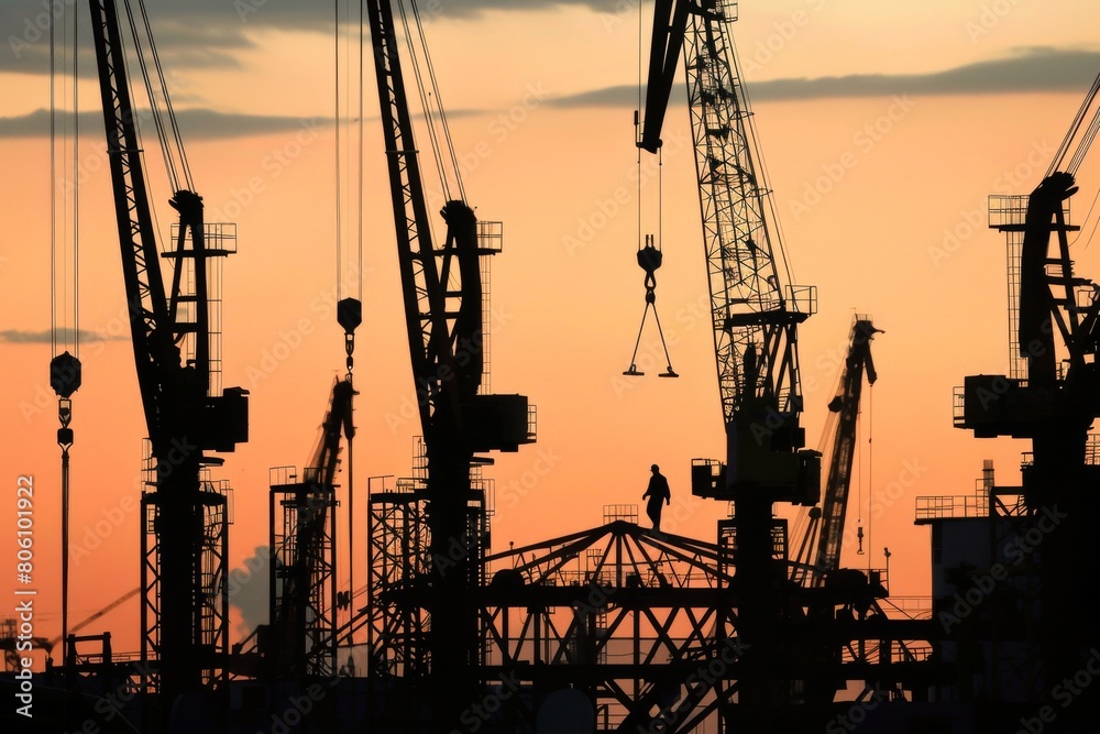Obraz premium A lone figure against a backdrop of cranes and steel beams, creating a striking silhouette , abstract , background