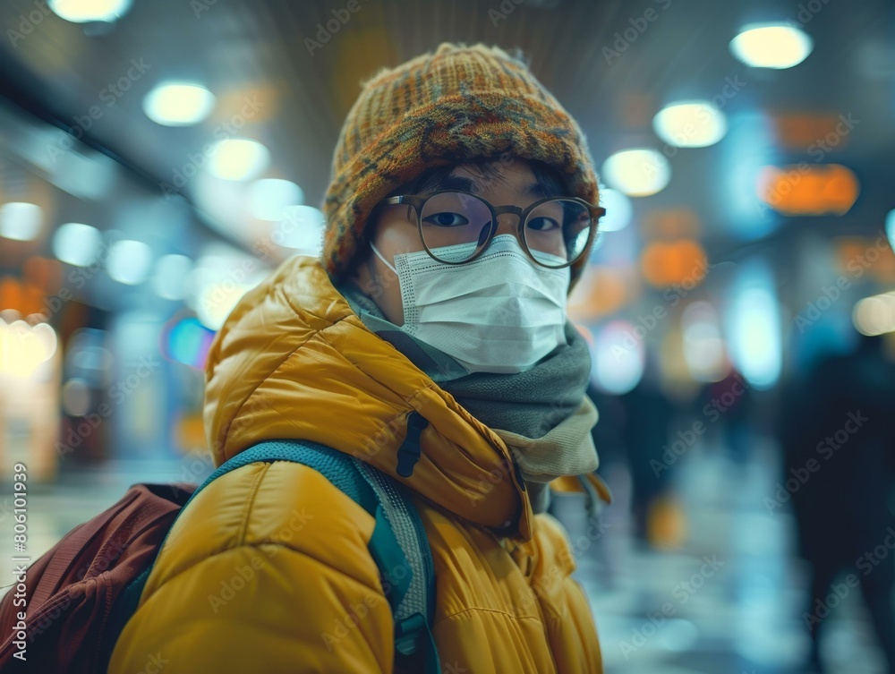 A portrait of a young Asian man wearing a mask and a yellow jacket A portrait of a young Asian man wearing a mask and a yellow jacket