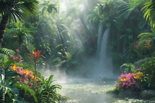 Misty rainforest waterfall in the jungle with a river in front