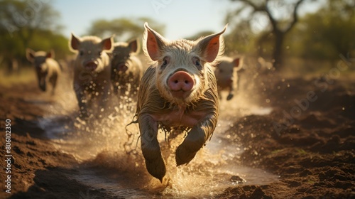 A group of happy pigs running in the mud
