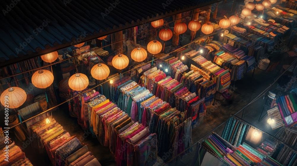 An overhead view of a night market, with rows of stalls selling colorful textiles and fabrics, lit by paper lanterns.