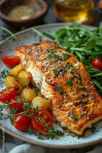 Honey Garlic Butter Salmon with Roasted Potatoes and Arugula Salad