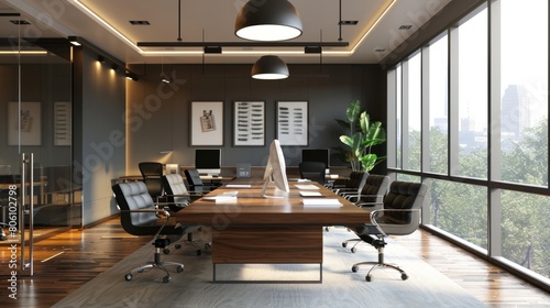 render of working space, office interior hyper realistic 