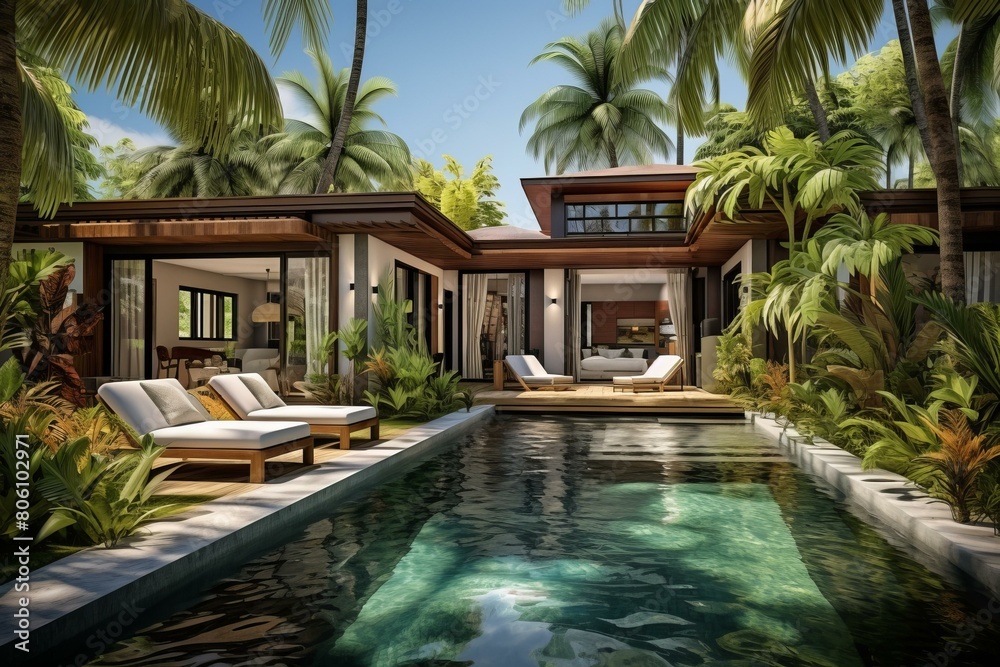 Fototapeta premium Private pool villa with lush tropical garden
