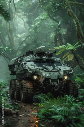 The military vehicle rides through the jungle