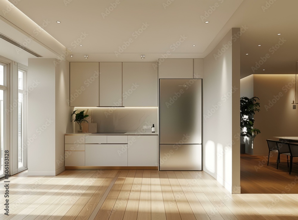 An illustration of a modern kitchen with white cabinets and stainless steel appliances An illustration of a modern kitchen with white cabinets and stainless steel appliances