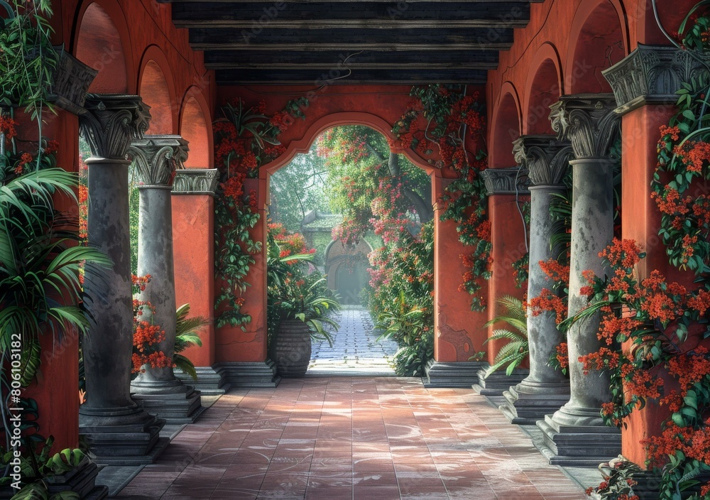 Red mediterranean courtyard with plants