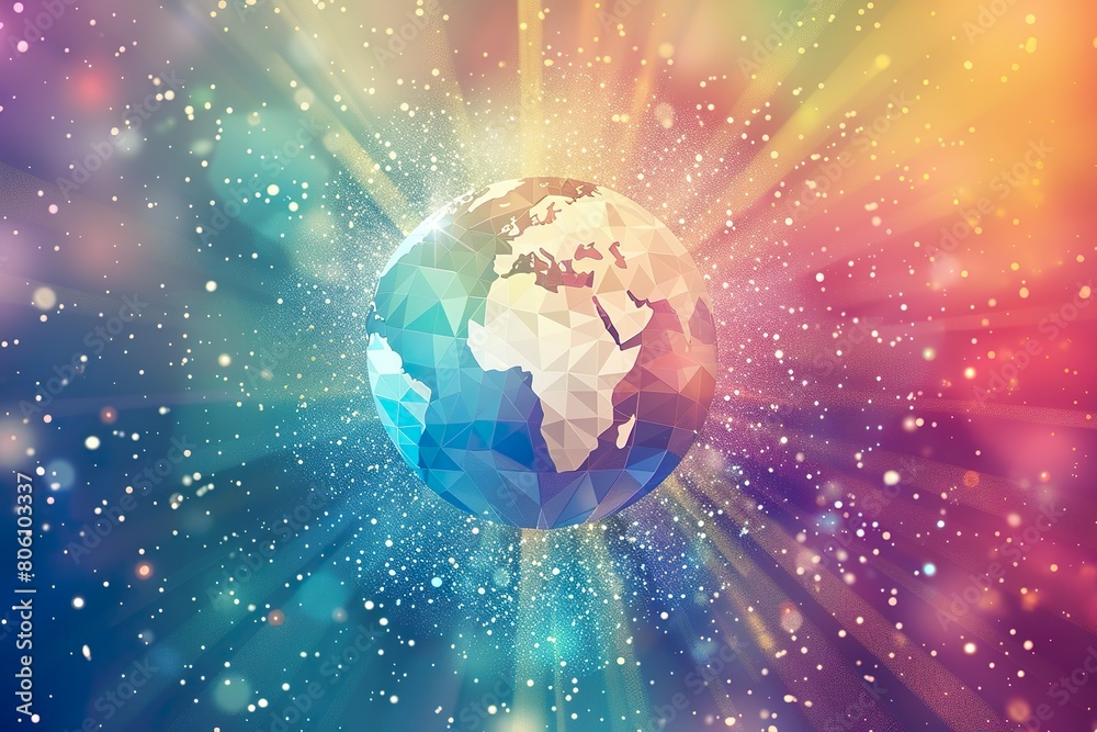 Earth Globe with Sun Rays and Geometric Shapes on Gradient Background