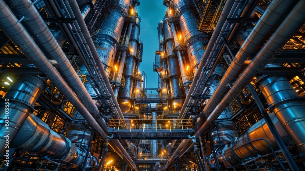 A photo of an industrial oil refinery at night A photo of an industrial oil refinery at night