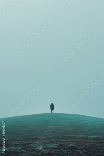 Person standing alone on a hilltop in the fog