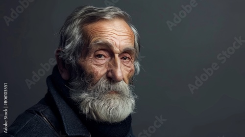 Studio portrait of elderly European man in his 70s, full beard and gray hair, copy space, satisfied customer or client hyper realistic 