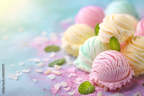 An inviting display of ice cream scoops in pastel colors, garnished with fresh mint leaves and scattered sweet toppings