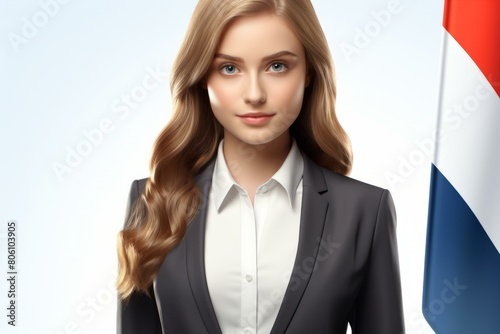 Portrait of a young Dutch woman in a formal suit with the Dutch flag in the background photo