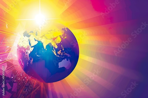 Earth Globe with Sun Rays and Geometric Shapes on Gradient Background