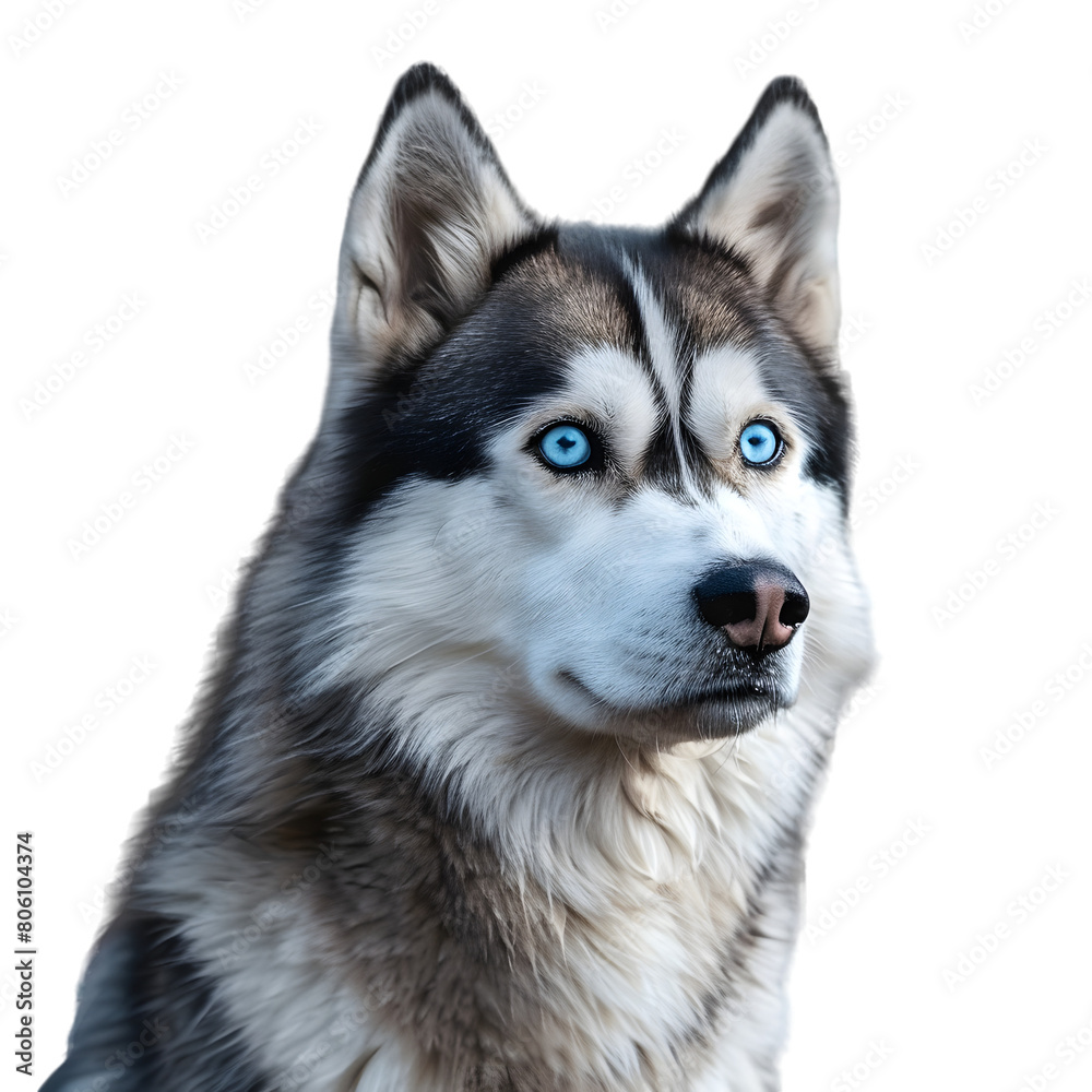 A Siberian Husky with striking blue eyes and a thick fur coat, on a transparent background A Siberian Husky with striking blue eyes and a thick fur coat, on a transparent background