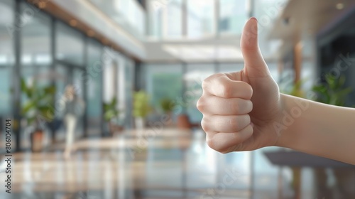 Thumbs up sign. Woman's hand shows like gesture. Office lobby background hyper realistic 