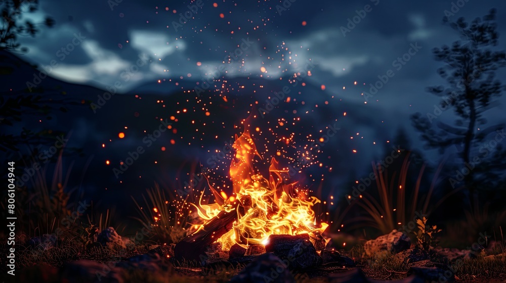 Enigmatic Night Campfire with Sparks Illuminating Darkness Enigmatic Night Campfire with Sparks Illuminating Darkness