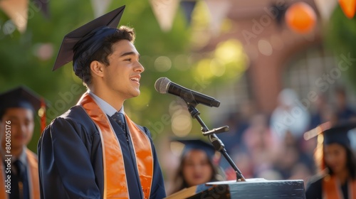 Valedictorian young student man giving graduation speech to other graduated people from the year group while wearing traditional college regalia and gown hyper realistic 