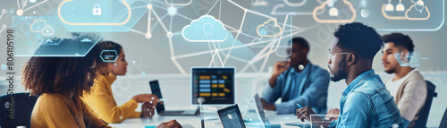 A portrait of a digital workforce collaborating through cloud computing platforms, signifying labor market evolution